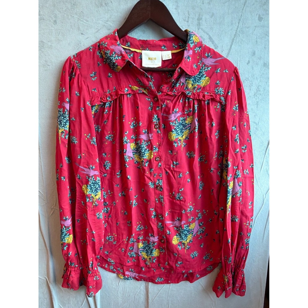 Maeve Anthropologie Blouse Women 10 Red Fredericka Bird Ruffle Boho Cottagecore